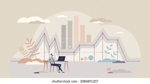 Data analysis and information research with stock diagram tiny person concept. Business review, optimization or monitoring using statistics info and reports vector illustration. Market trend graph.