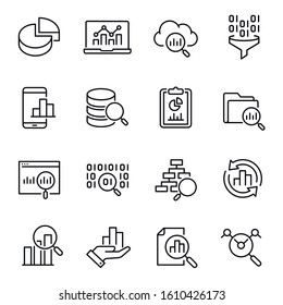 Data analysis, information search vector icons set. Analytics and statistics monochrome simple symbols pack. Business, management and marketing logos collection isolated on white background