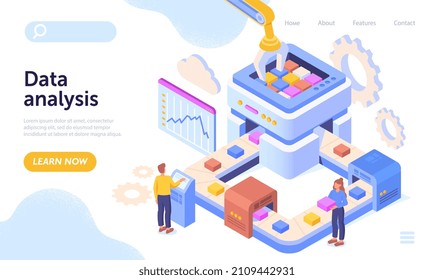 Data analysis and information sorting abstract concept. Men and women stand at conveyor belt and put cubes or files from database. Analysis of algorithms. Cartoon isometric vector illustration