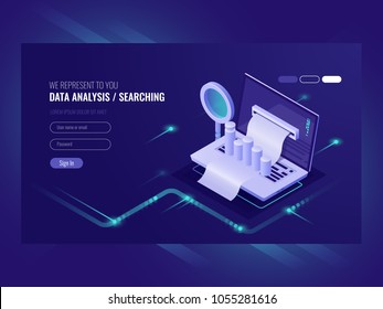 Data analysis, infromation searchning, data center query, search engine optimization, concept site position result, laptop with paper bill magnifying glass isometric vector ultraviolet