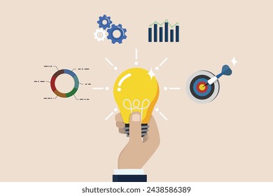 Data analysis for insight making business decision for success, business intelligence, report for management concept, businessman hold smart lightbulb with business intelligence data.