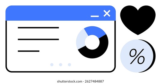 Data analysis interface, pie chart with segments, heart symbol, and percentage icon. Ideal for performance tracking, business analytics, project management, digital marketing, financial reports