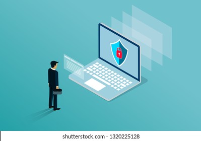 Data analysis and Investment concept with businessman stood in front of a computer with high security. 3d isometric flat design. illustration cartoon vector isolated on blue background