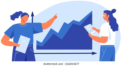 Data analysis and investment concept. Statistical calculations, financial research. Analysis of statistics for business strategy planning. Women discuss changes in statistics, growth of graph