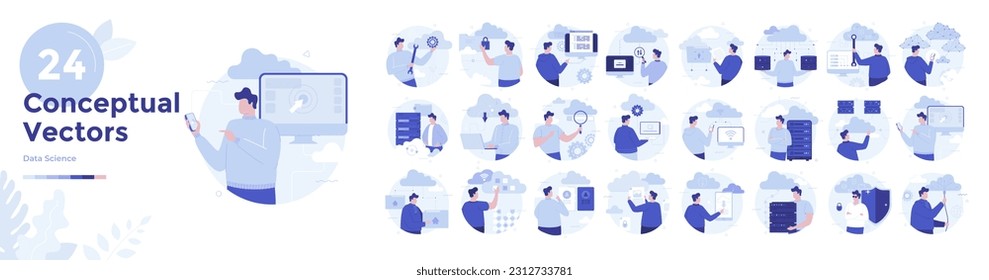 Análisis de datos conjunto aislado. Desarrollo de bases de datos y tecnología en la nube y Colección de escenas en diseño plano. Ilustración vectorial para blogs, sitio web, aplicación móvil, materiales promocionales.