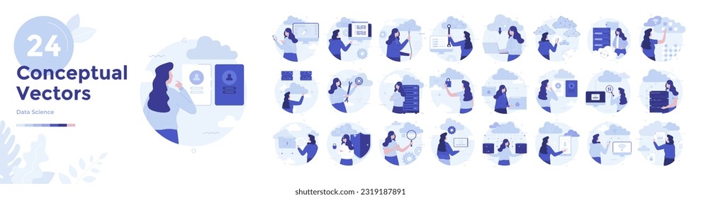 Data analysis isolated set. Database development and cloud technology and. People collection of scenes in flat design. Vector illustration for blogging, website, mobile app, promotional materials.