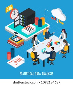 Data analysis isometric background with business team discussing statistical web information at common table vector illustration  