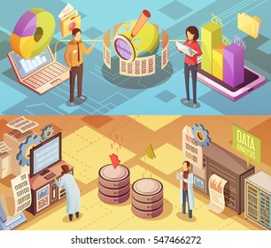 Data analysis isometric banners with staff computer equipment global information search charts and statistics isolated vector illustration