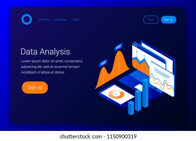 Data analysis isometric concept. Charts and graphs on laptop and smartphone screen. Flat 3d style. Landing page template. Vector illustration.