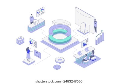 Data analysis isometric concept in outline isometry design for web. People studying diagram and chart, researching statistics for financial reports, analyzing graph dashboard. Vector illustration.