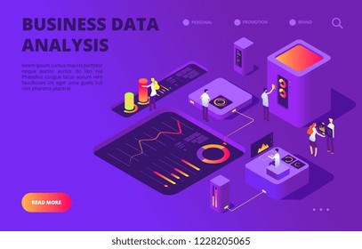 Data analysis isometric concept. People work on infographic chart, dashboard database. Digital technology landing vector page