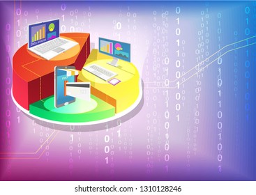 Data analysis isometric design marketing report concept,technology mobile and computer equipment,network and graph trading,with digital data for security background,vector art and illustration.