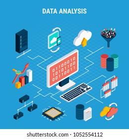 Data Analysis Isometric Flowchart Illustrated Cloud Exchange Of Digital Big Data By Network Technologies Vector Illustration 