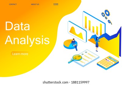 Análisis de datos. Isométrica. Las personas trabajan juntas en una empresa y hacen análisis