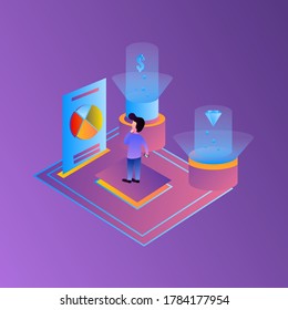 Data analysis isometric illustration.Suitable for landing page, ui, website, mobile app, editorial, poster, flyer, article, and banner.