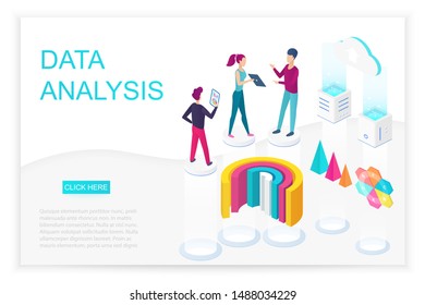 Data analysis isometric landing page vector template. Infographics, statistics, data visualization 3d concept. Market research and reports website design layout. Web analytics, metrics webpage