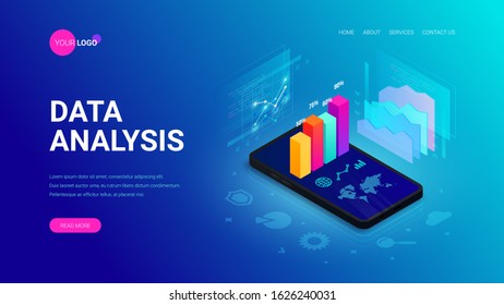 Data analysis isometric landing page concept. 3d graph data on smartphone screen, statistics report, icons on blue. Vector illustration for mobile app, website template, SEO, marketing infographic