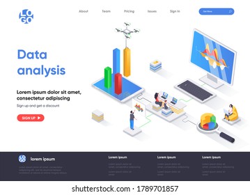 Datenanalyse isometrische Landungsseite. Finanzdatenanalyse, Management und Optimierung, Datenbankstrukturierung, Isometrie-Webseite. Website flache Vorlage, Vektorgrafik mit Menschen Zeichen.