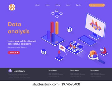 Data analysis isometric landing page. Financial data analysis, management and optimization, database structuring isometry web page. Website flat template, vector illustration with people characters.