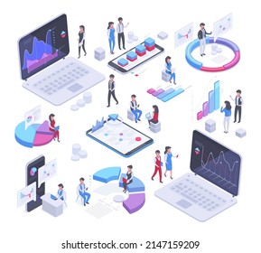 Análisis de datos, personas isométricas financian gráficos de mercado. Gráficos de análisis de transacciones financieras, indicadores de inversión monetaria e índices de mercado ilustraciones de símbolos vectores. Elementos de gráficos isométricos