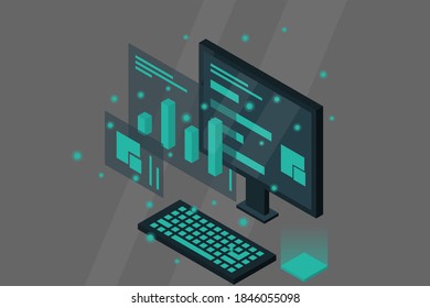 Data analysis in isometric vector design. Technician in datacenter or data center room background. Network mainframe infrastructure website layout. Computer storage or farming workstation.