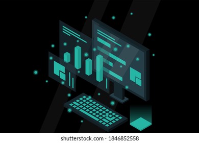 Data analysis in isometric vector design. Technician in datacenter or data center room background. Network mainframe infrastructure website layout. Computer storage or farming workstation.