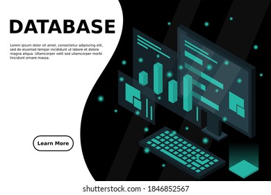 Data analysis in isometric vector design. Technician in datacenter or data center room background. Network mainframe infrastructure website layout. Computer storage or farming workstation.