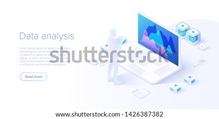 Data analysis in isometric vector design. Technician in datacenter or data center room background. Network mainframe infrastructure website layout. Computer storage or farming workstation.