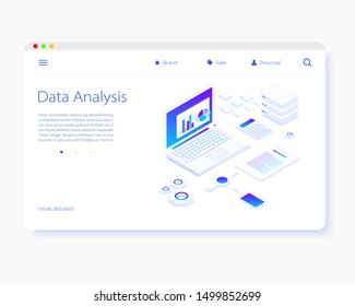 Data analysis. isometric vector illustration. The concept of data Storage and processing. Sort and search. Transmission and processing of information. Simple 3D design. Template for web design.
