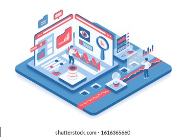 Data analysis isometric vector illustration. Information processing. Online digital platform. Virtual technology for data evaluation. Infographic review. Company cartoon conceptual design element