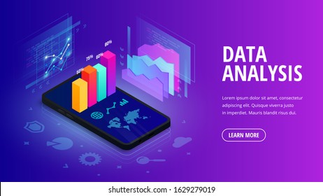 Data analysis isometric web banner concept. 3d graph data on smartphone screen, statistics report, icons on gradient background. Vector illustration for mobile app, website, marketing, advert