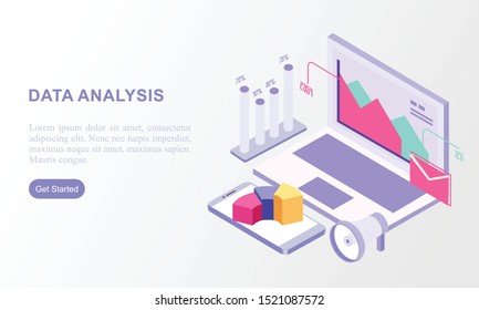 Data analysis isometric website landing page design. Vector illustration