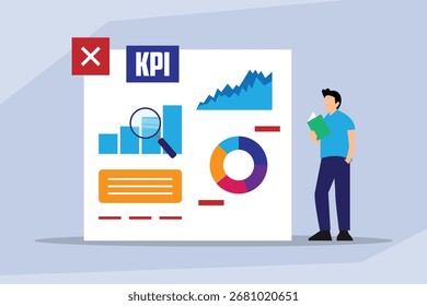 Data Analysis and Key Performance Indicators, Man Checking KPI Dashboard 2d flat vector illustration