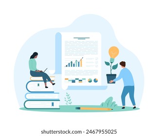 Data analysis, knowledge, methods and creative ideas for office document research. Tiny people study specific case on paper sheet, using stack of books for training cartoon vector illustration