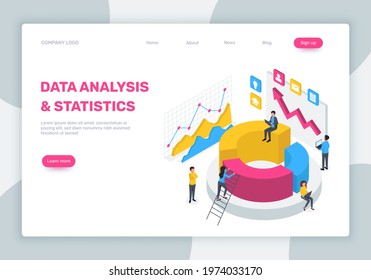 Data analysis landing page. 3d isometric statistics concept with laptop, diagrams, charts. Analysts team working with data vector web design. Employees doing financial processes and reports