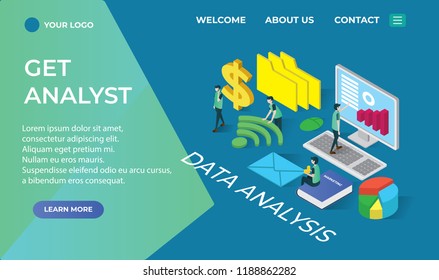 data analysis landing page isometric icons concept,business illustration vector, data analysis isometric vector illustration