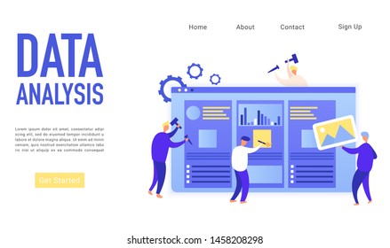 Data analysis landing page isometric vector template. Business problems solving, financial research. Web analytics. Database, data storage. Digital marketing strategy website homepage layout