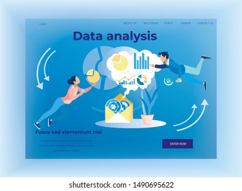 Data Analysis Landing Page. Metaphor Office Situation. Cartoon Cooperating Team, Man and Woman Coworker Flying with Charts and Graphs. Open Mail Box. Statistical Digital Marketing. Vector Illustration