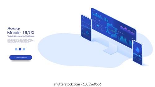 Data analysis landing page. Online statistics and data Analytics. Digital money market, investment, finance and trading. Perfect for web design, banner and presentation. Isometric 