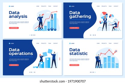 Data analysis landing page. Statistical analyst team, business growth strategy, statistics concept. Data research web page template vector set. Financial management with team of employees
