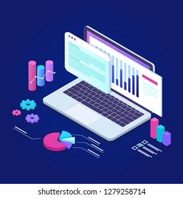 Data analysis landing page template. Modern flat design isometric concept  with graphs, diagrams and laptop. Can use for web banner, infographics, hero images