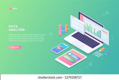 Data analysis landing page template. Modern flat design isometric concept with devices and graphs. Landing page template. Can use for web banner, infographics, hero images