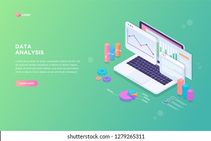 Data analysis landing page template. Modern flat design isometric concept with laptop and graphs, diagrams. Landing page template. Can use for web banner, infographics, hero images