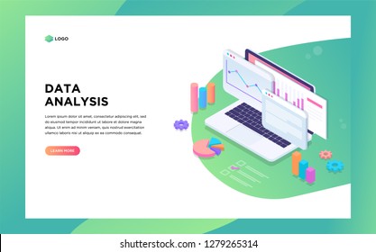Data analysis landing page template. Modern flat design isometric concept with laptop and graphs, diagrams. Landing page template. Can use for web banner, infographics, hero images