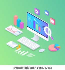 Data analysis landing page template. Modern flat design isometric concept  with graphs, diagrams and laptop. Can use for web banner, infographics, hero images