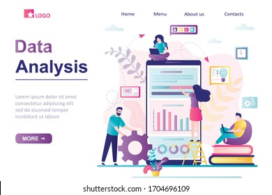 Data analysis landing page template. Management app, consulting or business project. Various analytics, teamwork. Online mobile data analysis of social media.Modern web page design.Vector illustration