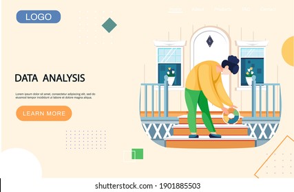 Data analysis landing page template woman holding pie chart statistic indicator standing on steps near her house. Businesswoman manager financial analyst is engaged in marketing research on doorstep