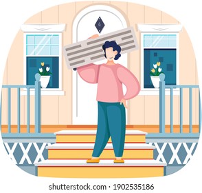 Data analysis landing page template with businessman holding board with text over his head, working analysts. Man standing on doorstep with information block. Trendy flat style business illustration