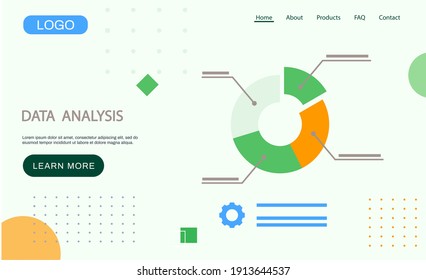 Data analysis landing page template, research, business data on presentation banner with pie chart. Business growth with advanced innovative marketing plan, Financial success, project management