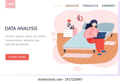 Data analysis landing page template with young woman with laptop sitting on bed in bedroom working in internet at home. Girl freelancer enterpreneur performs work or studying on computer remotely